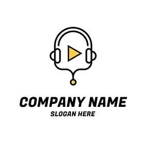 Emblem Logo Black Headset and Yellow Play Button logo design