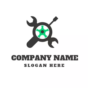 Garage Logo Black Spanner and Green Tire logo design