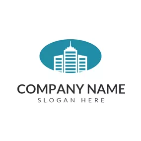 Construction Logo Blue Circle and White Mansion logo design