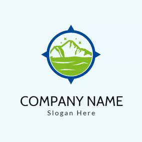 Travel & Hotel Logo Blue Frame and Green Mountain logo design