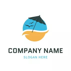 Strand Logo Blue Umbrella and Yellow Beach logo design