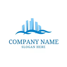 Construction Logo Blue Wave and Building logo design