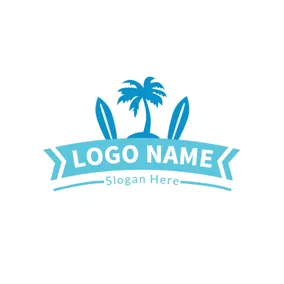 Surf Logo Green Banner and Blue Surfboard logo design