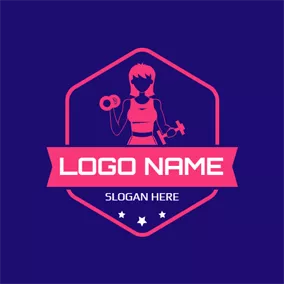 Dumbbell Logo Pink Badge and Woman Athlete logo design
