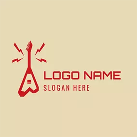 吉他Logo Red Lightning and Abstract Guitar logo design