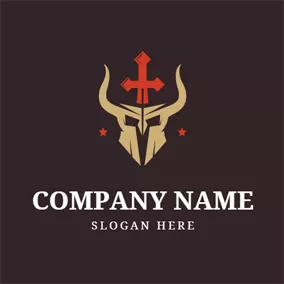 Gladiator Logo Red Sword and Horned Warrior Head logo design