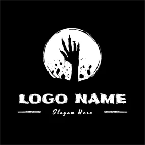 Halloween Logo White Circle and Zombie Hand logo design