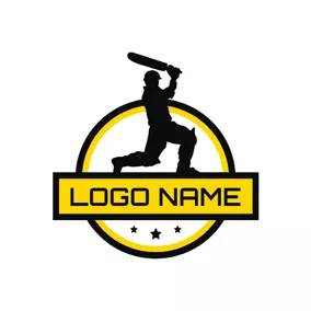 Emblem Logo Yellow Banner and Cricket Athlete logo design